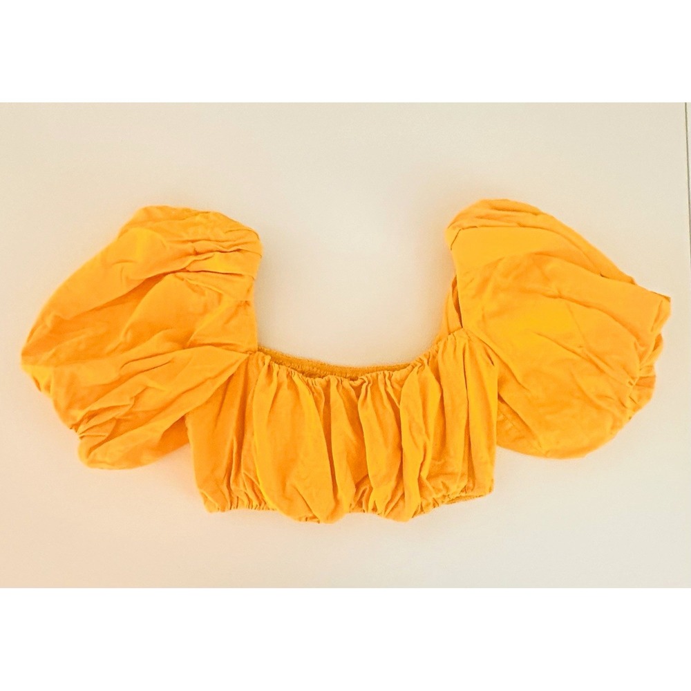 H&M Women's Yellow Linen Blend Square Neck Puff Sleeve Cropped Blouse Size S